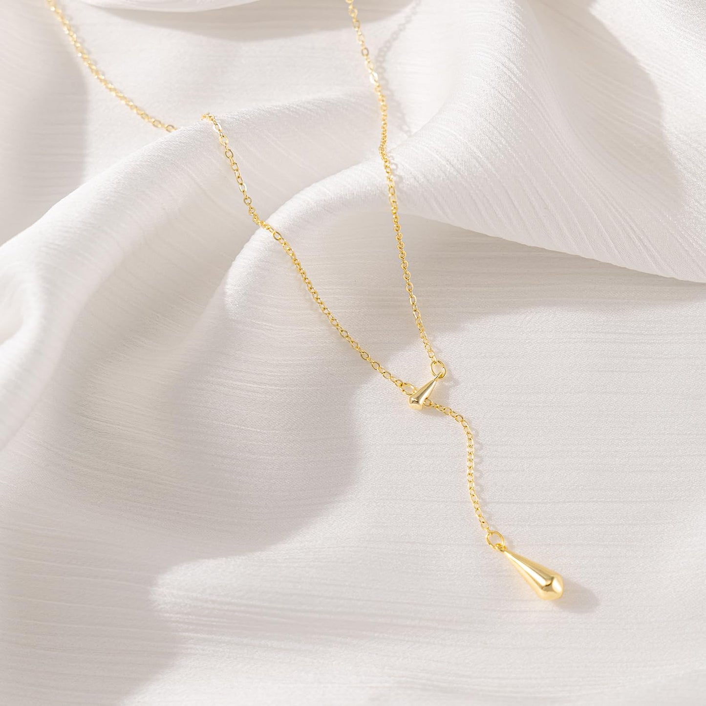 BSGRL Gold Necklace: 14K Gold Plated Simple Elegant Teardrop Pendant Dainty Necklace for Women 16.5”+2” ext