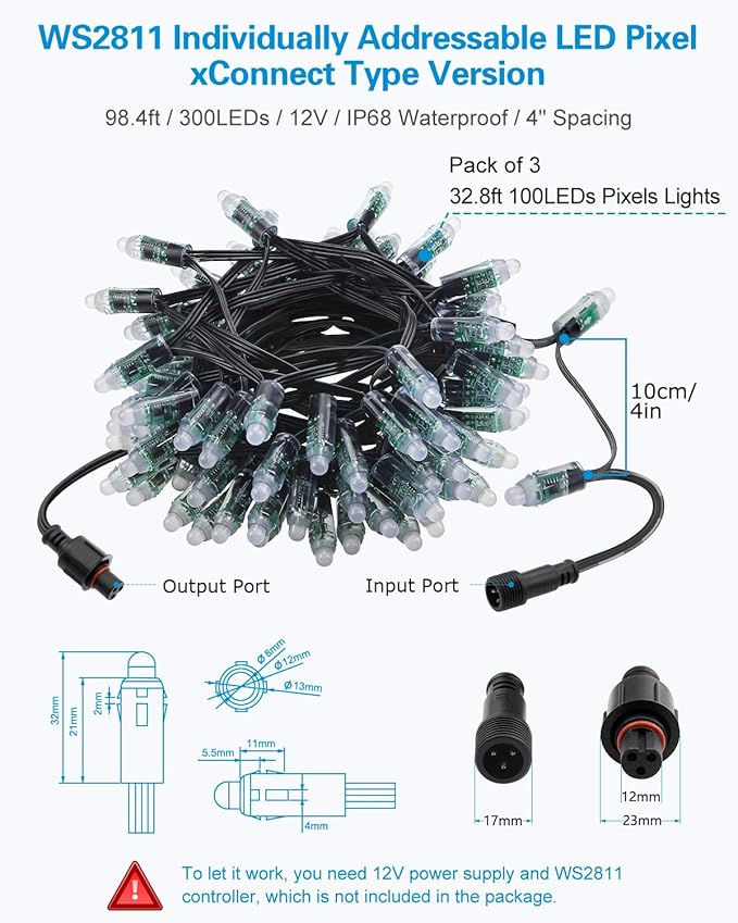 ALITOVE 12V WS2811 Pixels String xConnect 300pcs Addressable RGB IC LED Bullet Pixel Outdoor Lights 12mm Color Chasing Waterproof IP68 for Halloween Christmas Billboard House Decor