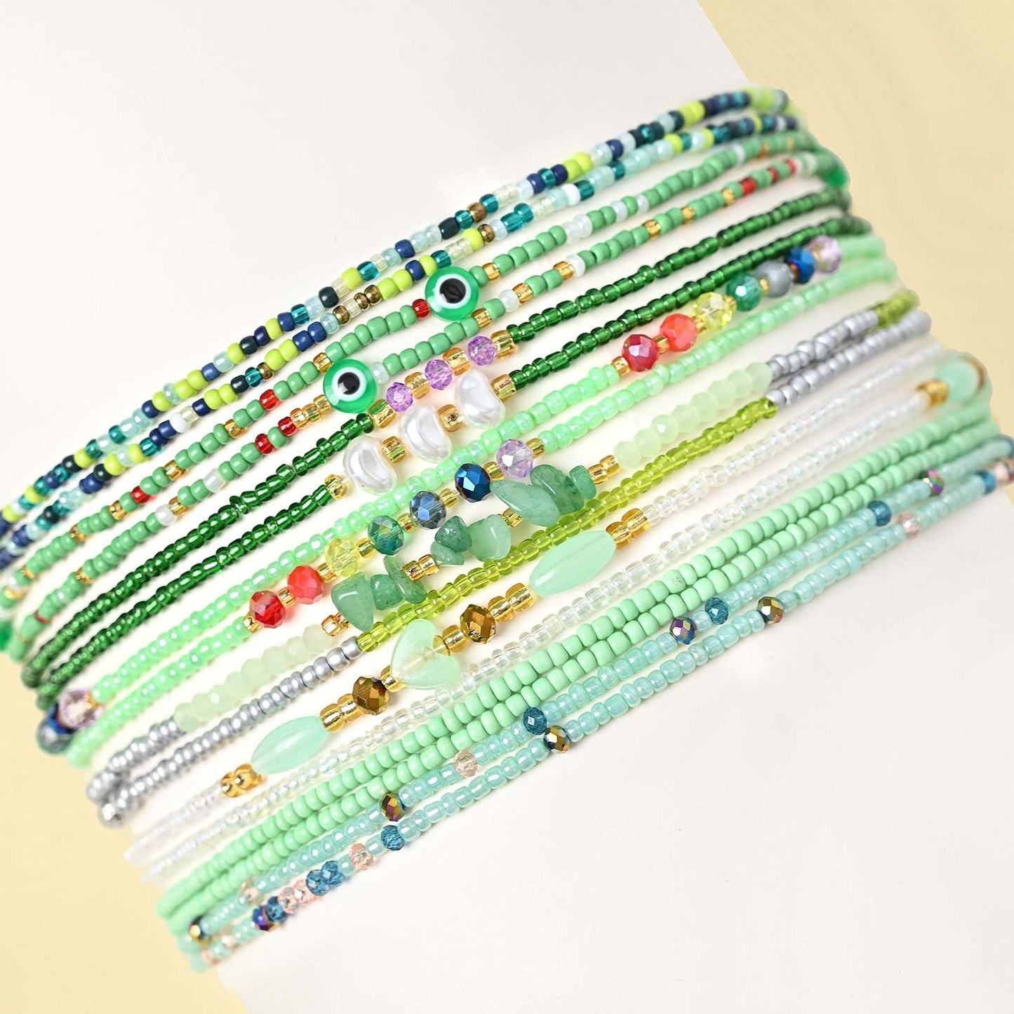 ELABEST Adjustable Handmade Waist Beads Stretchy 23-52 inch 8Pcs Chakra Body Belly Beaded Women Waist, Anklet, Bracelet, Necklace Jewelry with Screw clasp (Green, 39.3inch/100cm)