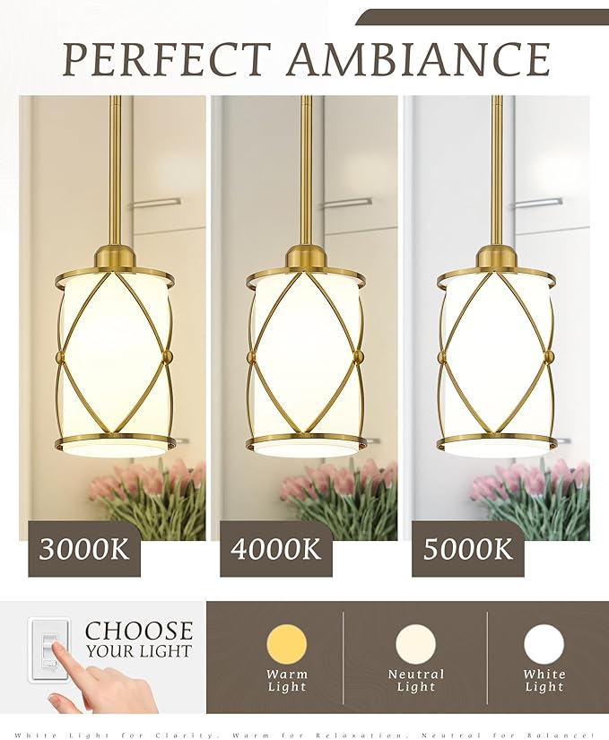 Brushed Gold Pendant Lights Kitchen Island, Modern 2 Pack Pendant Light with Frosted Glass, Farmhouse Mid Century Pendant Lighting for Dining Room, CH9176BGW-2PK