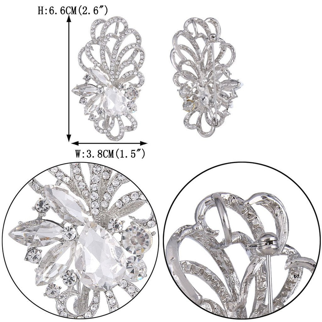 EVER FAITH Silver-Tone Austrian Crystal Bridal Flower Ribbon Teardrop Brooch Pendant Clear