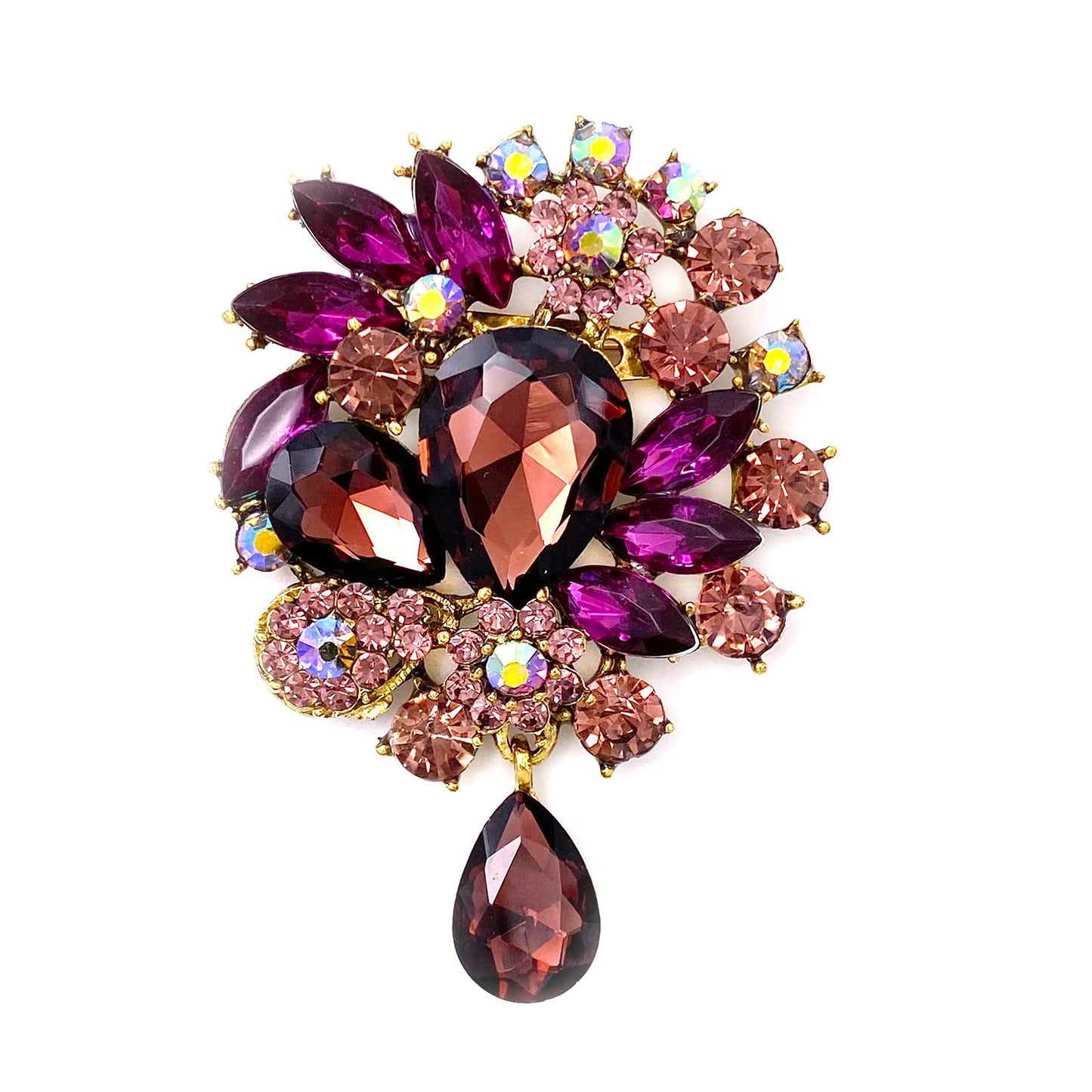 LAXPICOL Wedding Bridal Big Purple Crystal Rhinestone Bouquet Teardrop Brooch Pin for Women Golden Tone