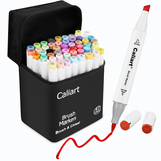 Caliart Alcohol Markers Brush Tip, 51 Colors Dual Tip Artists Coloring Markers Set Brush & Chisel, Permanent Alcohol Based Colored Sketch Pens, Art Supplies Gifts for Adults Drawing Illustration