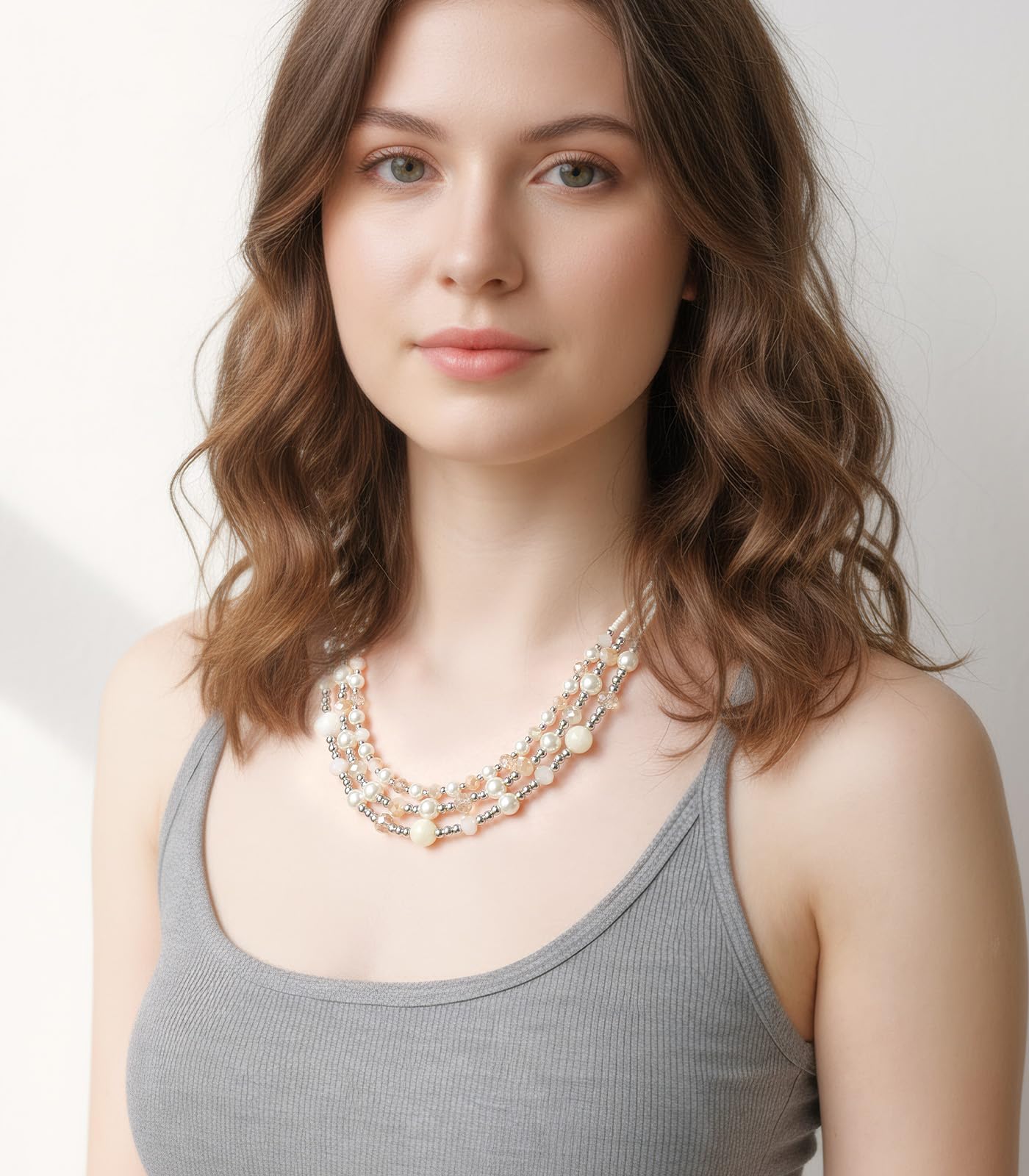 Noessla Beaded Statement Necklaces for Women Layered Chunky Bead Necklace Fashion Costume Jewelry Gifts for Mom(Beige)