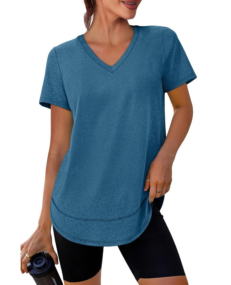 Short Sleeve Shirts for Women Workout Pilates Outfits Tennis Summer Tops 2026 Beach Vacation Clothes V Neck Blue Green M