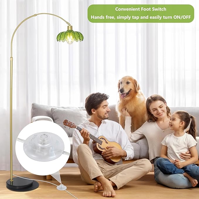 Arc Floor Lamps for Living Room, Gold Floor Lamp with Remote, Glass Standing Lamp for Bedroom, Green Flower Lamp with LED Bulb, Height Adjustable Tall Lamps for Office, Modern Stand Up Lamp Decor