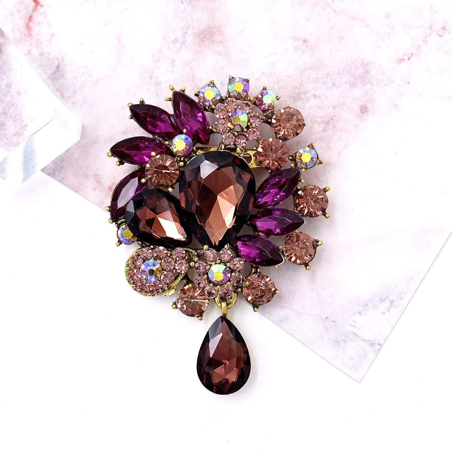 LAXPICOL Wedding Bridal Big Purple Crystal Rhinestone Bouquet Teardrop Brooch Pin for Women Golden Tone