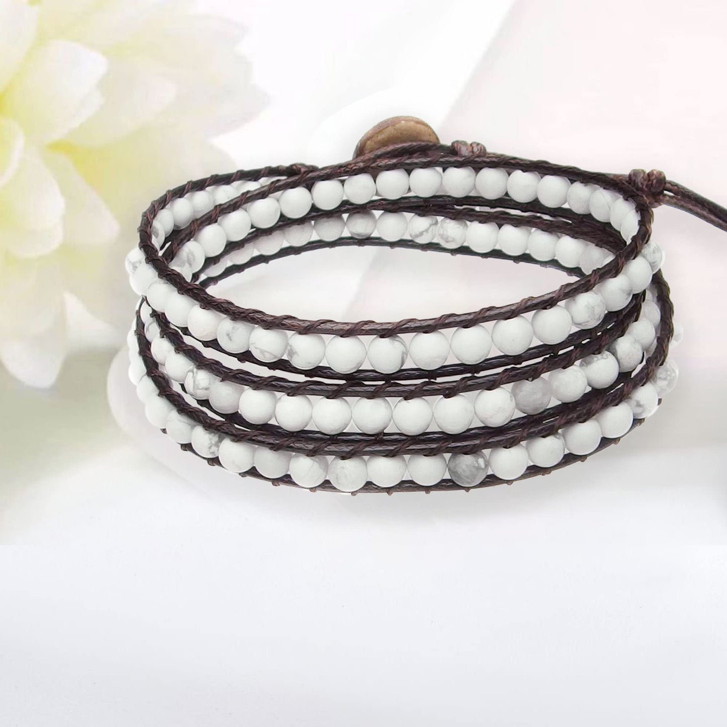 Ayriwoyi White Turquoise Bracelets Wrap Bracelet for Women Howlite Beads Healing Crystal Stone Bracelet Boho Bracelet Adjustable