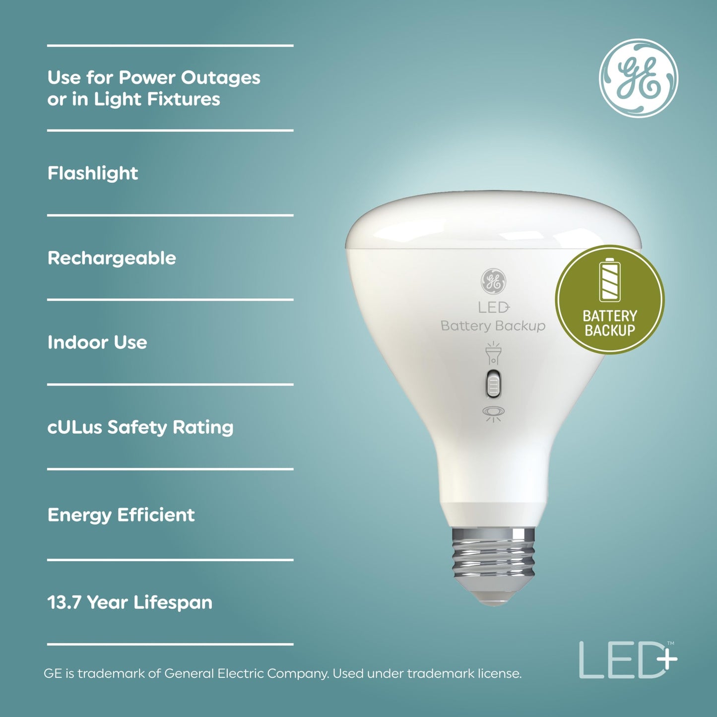 GE LED+ Battery Backup LED Light Bulbs, Emergency Light Bulb for Power Outages + Flashlight, BR30 Indoor Floodlights (3 Pack)