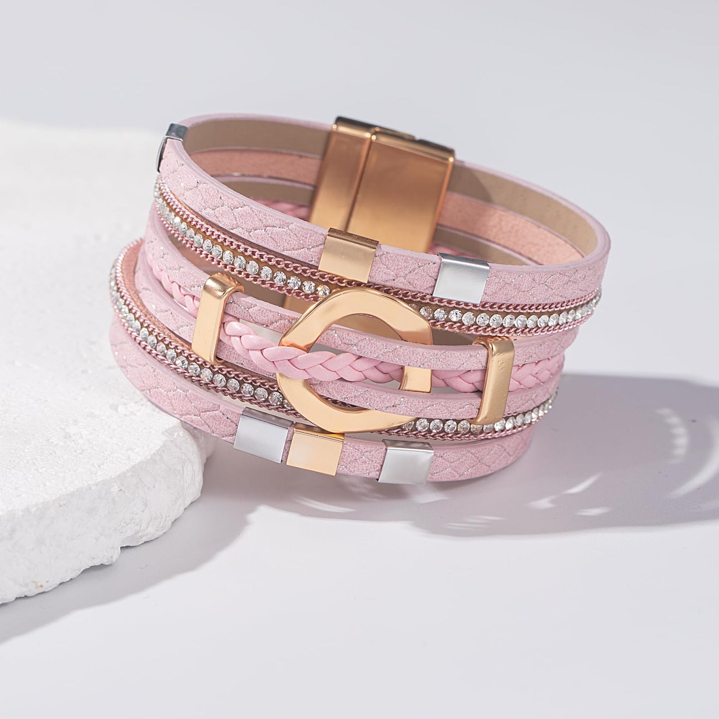 FANCY SHINY Boho Leather Wrap Bracelets Circle Square Bead Braided Handmade Stackable Bracelet Trendy Cuff Bangle for Women(Pink)