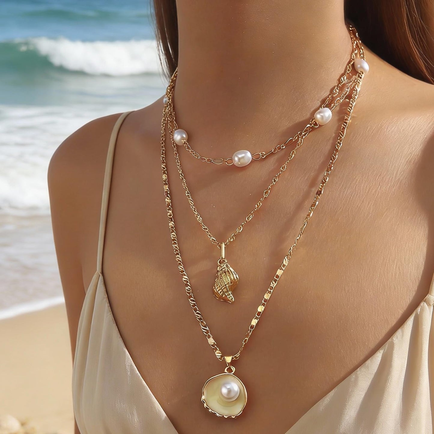 KummerSaprk Seashell Necklace Summer Vacation Jewelry for Women Gold Beachy Necklace Stack Starfish Flower Cowrie Sea Shell Pendant Necklaces Summer Essentials Accessories Gifts