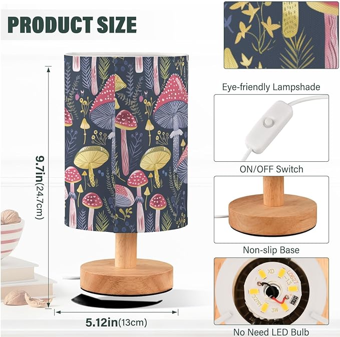 Fustylead Boho Mushroom Navy Blue Table Lamp for Bedroom USB Port Lamps Small Accent Table Lamp Nightstand Lamp Sturdy Linen Shade Wooden Base Decorative Lamps for Bedside Reading|Kids|Dorm|Home