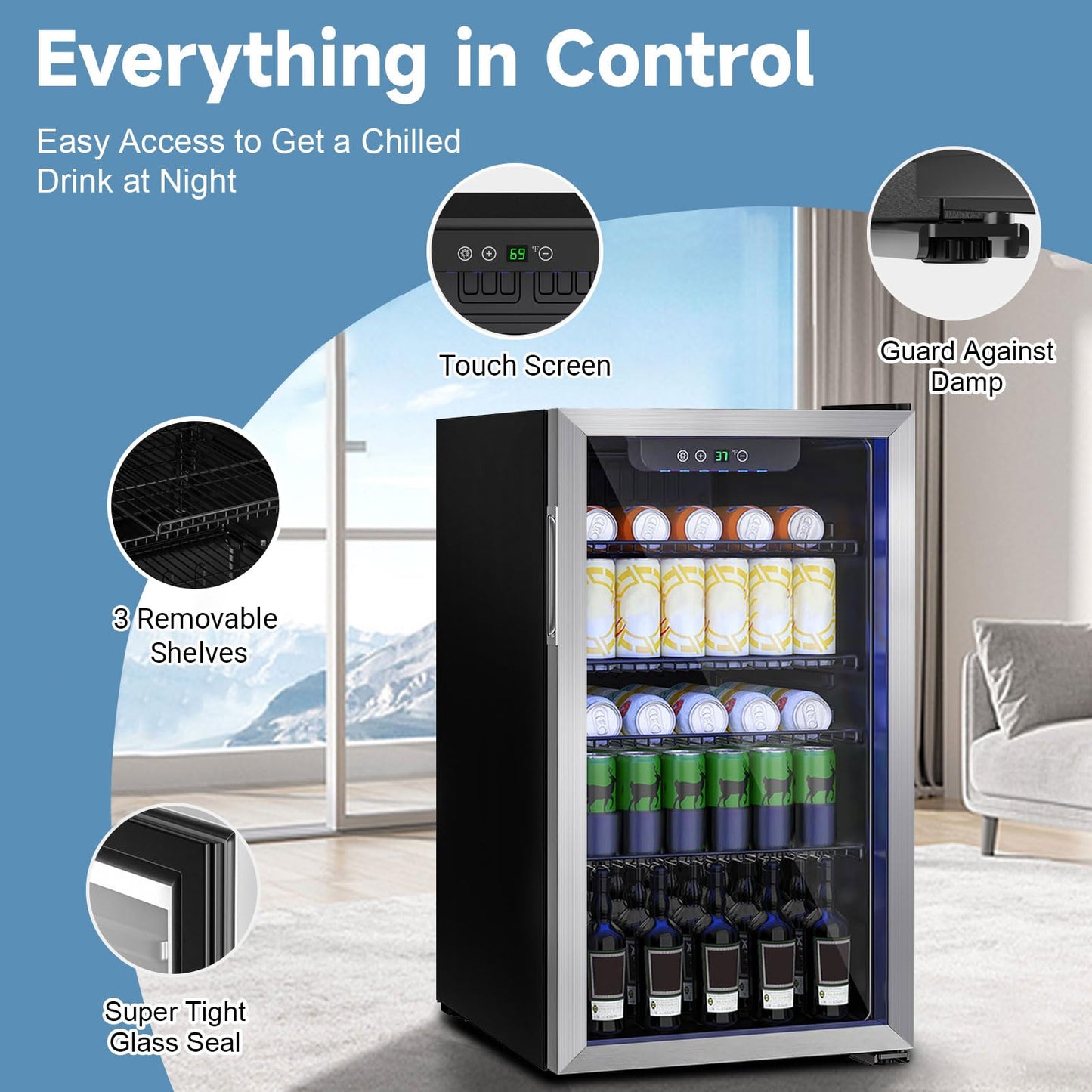 Erivess Beverage Refrigerator and Cooler, 110 Can/3.1 Cu Ft Mini Fridge with Glass Door, Adjustable Shelves for Soda,Bee,Wine, Free Standing Small Refrigerator, Digital Display, for Home, Bar, Office