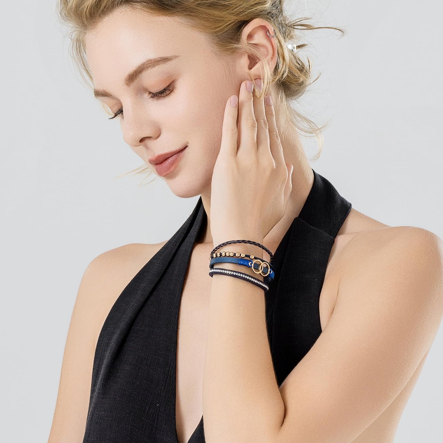 FANCY SHINY Boho Leather Wrap Bracelet Stackable Beaded Infinity Chunky Cuff Bracelets with Magnetic Clasp Western Hippie Outfits Jewelry Gifts for Women(Navy Blue)