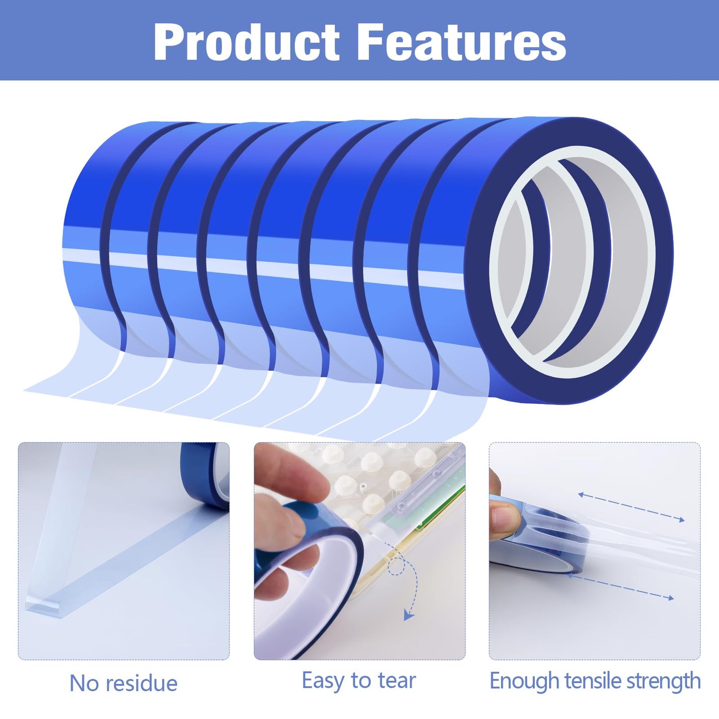 Fyguard 8 Rolls 20mm × 30m (98ft) Blue Sublimation Tape Heat Transfer Tape, Heat Resistant Tape for Sublimation Printer Electronic Soldering, No Residue