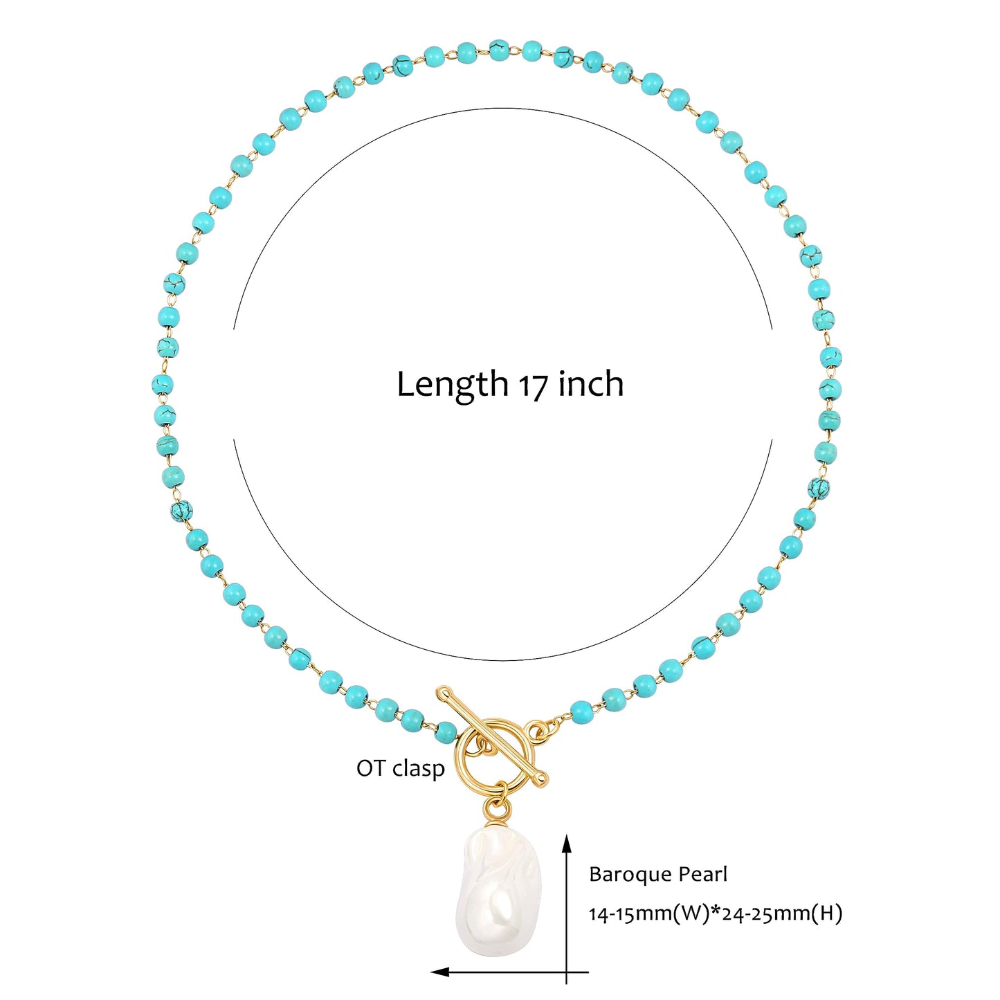 POTESSA Big Baroque Pearl Pendant Necklace Bohemian Turquoise Beaded 18K Gold Plated Toggle Clasp Necklace for Women Jewelry Gifts
