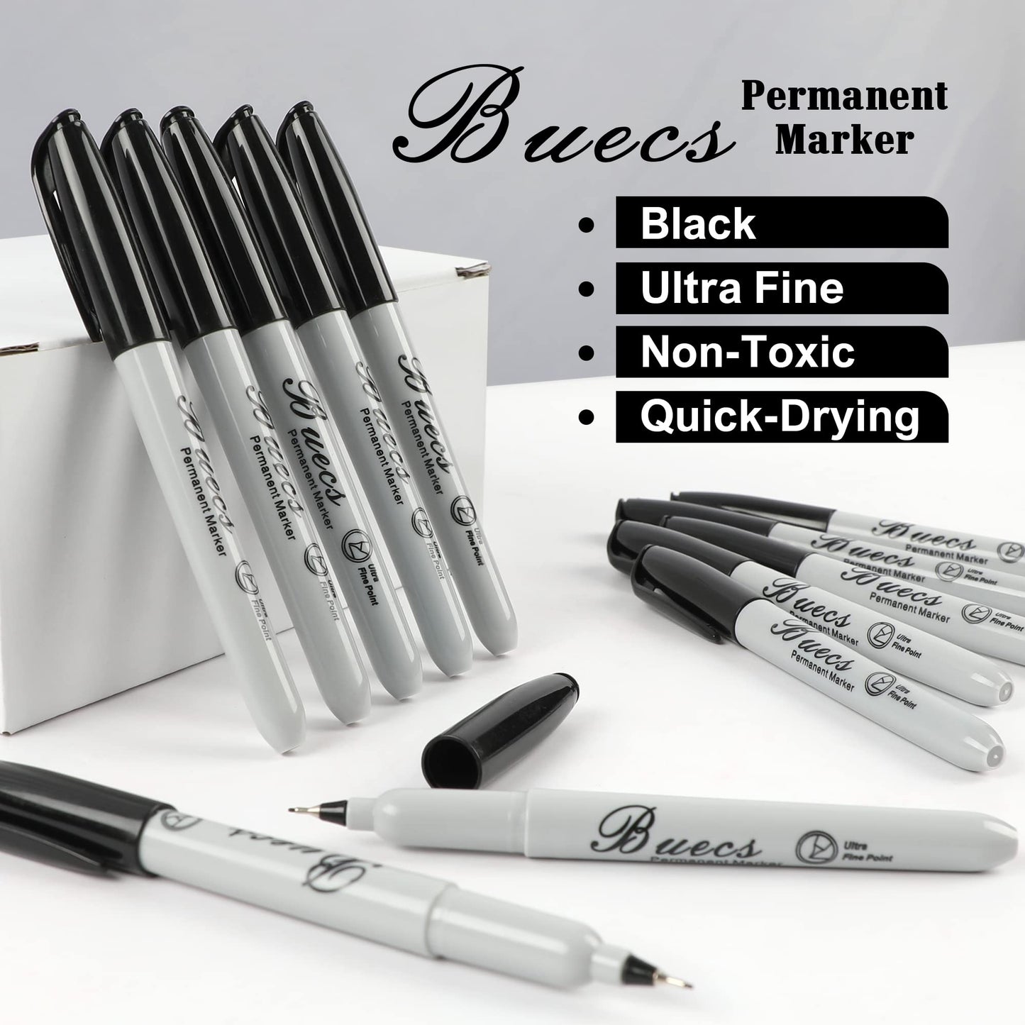 Buecs Permanent Markers, 60 Count Ultra Fine Point Black Permanent Markers, Works on paper, Plastic, Stone, Glass, Metal