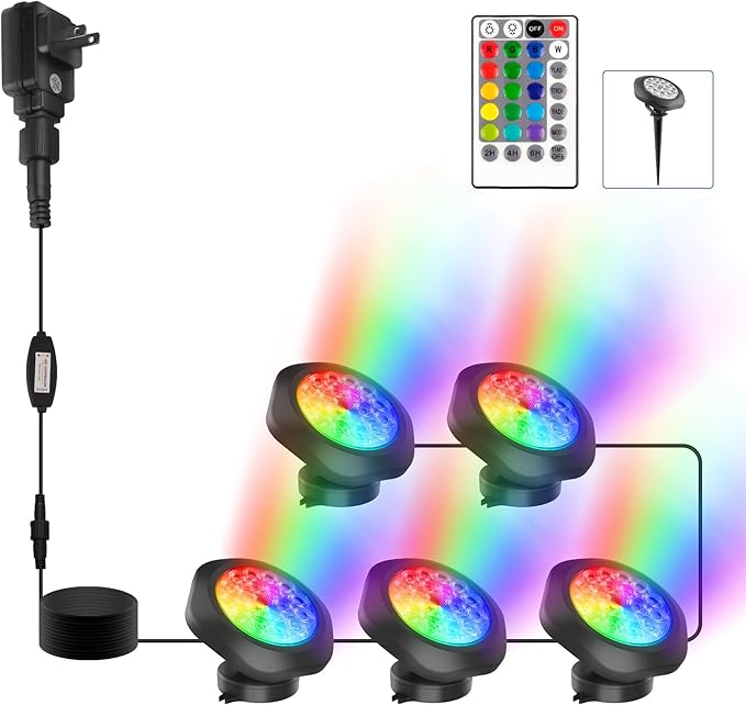 RGBW Pond Lights with Timer,18 LED Underwater Submersible Fountain Lights,Remote Control IP68 Waterproof Color Changing Spotlights for Fish Aquarium Tank Yard Garden Pool (Set of 5)