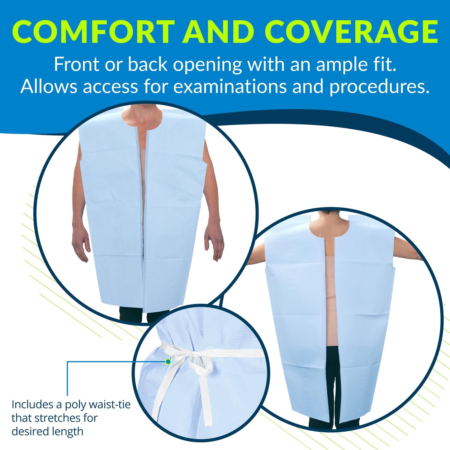 Avalon 813 Patient Gowns, Blue (Pack of 50) ― Tissue/Poly/Tissue ― Open-Back, Waist-Tie, Short-Sleeve Medical Gowns ― Disposable Exam Gowns ― Standard Size 30” x 42” ― Latex-Free Medical Supplies