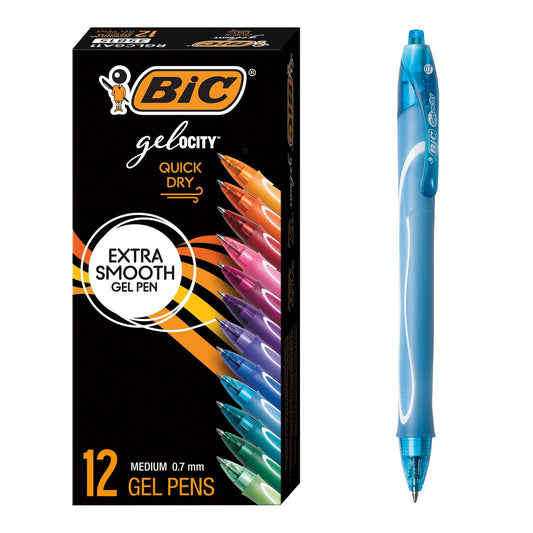 BIC Gelocity Quick Dry Assorted Colors Gel Pens, Medium Point (0.7mm), 12-Count Pack, Retractable Gel Pens With Comfortable Full Grip