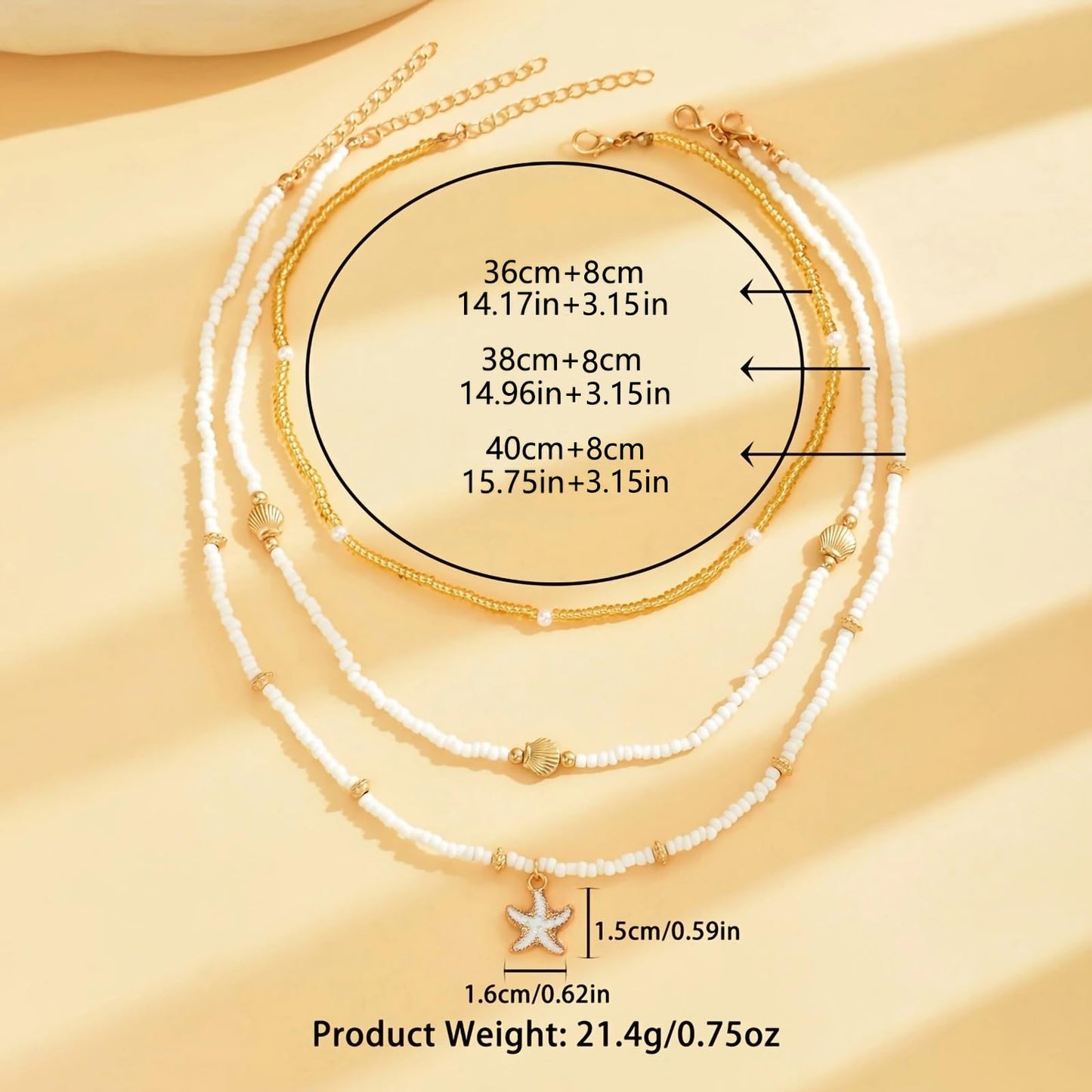 Shell Starfish Necklace for Women, 14k Gold Plated Boho Layered Beaded Charm Pendant Necklace, Dainty Adjustable Pearl Conch Summer Beach Vacation Jewelry Gifts(Starfish 3pcs)