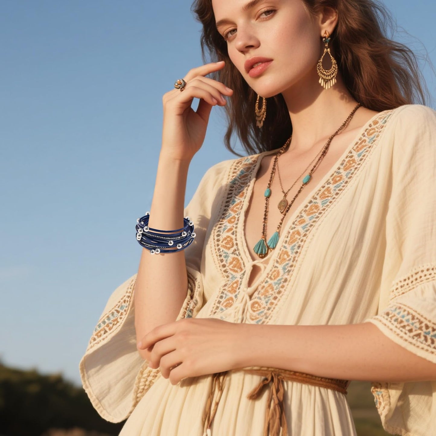 VIBILIA Boho Leather Wrap Bracelets for Women Trendy Multi-Layer Crystal Beads Cuff Bracelets with Strong Clasp Jewelry for Women-Blue