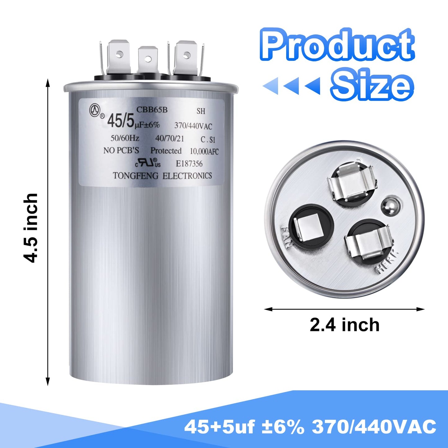 Frienda 2 Pcs 45+5 MFD 45/5 uf ±6% 370V or 440V VAC Dual Run Round Capacitor, 45 5 Start Capacitor for AC Air Conditioning Unit, Condenser Straight Cool or Heat Pump