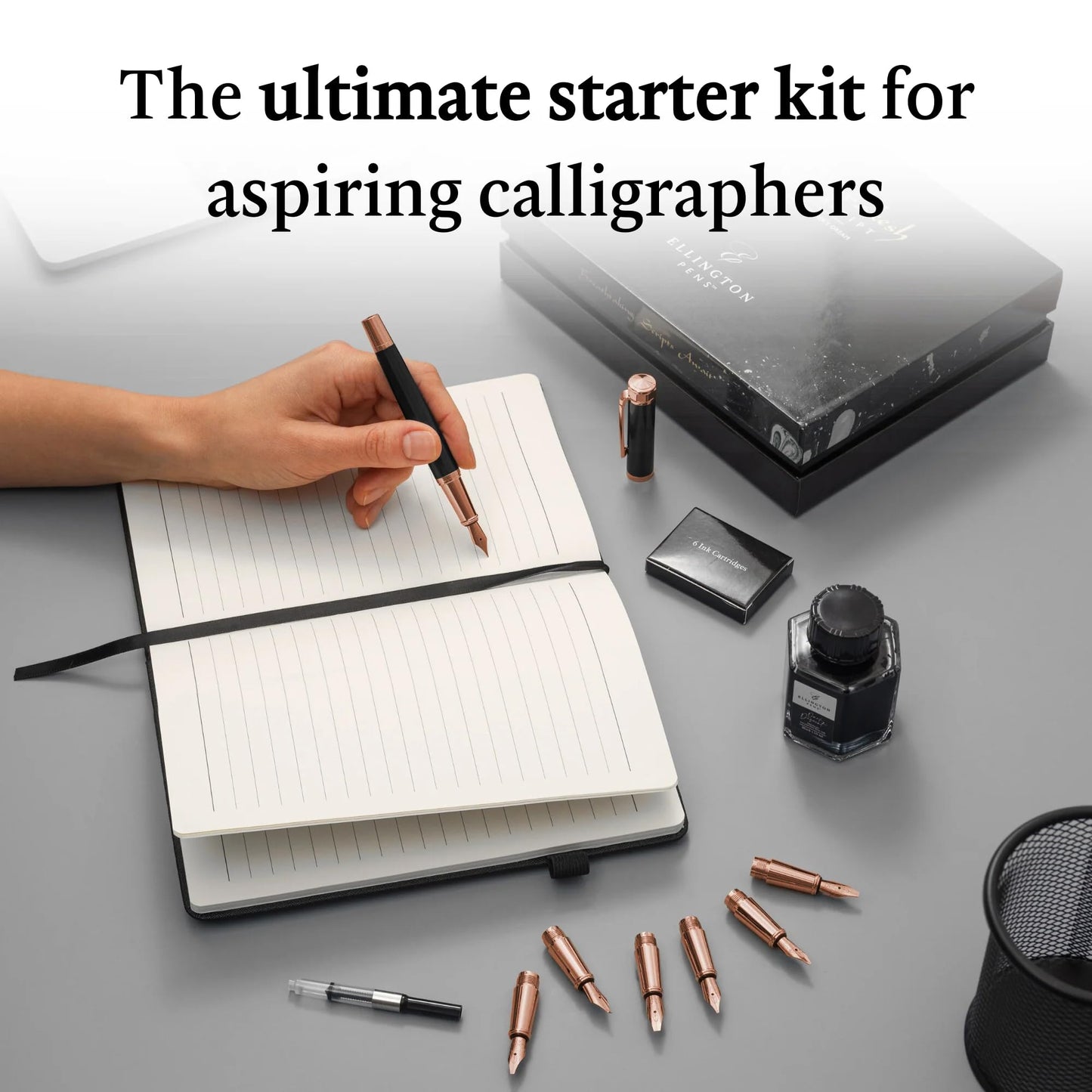 Ellington Pens Luxury Calligraphy Set - Premium Fountain Pen with 6 Nibs, 50 ml Black Ink Bottle, 6 Cartridges, Converter, Elegant Gift Box – Perfect for Drawing, Writing, Gifting (Midnight Rose)