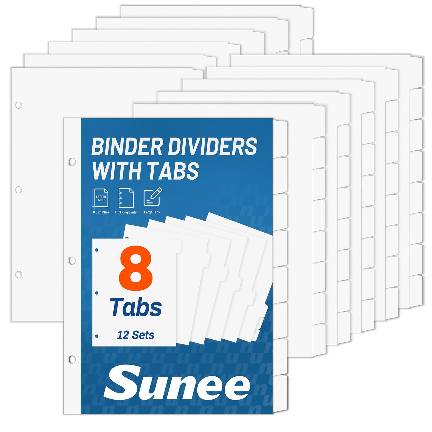 SUNEE Binder Dividers with Tabs for 3 Ring Binder, 8.5 x 11 Paper White Binder Dividers Blank with 8 Tabs, 12 Sets Page Dividers for School, Office and Home, 96 Dividers