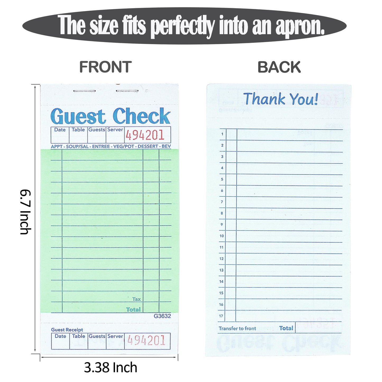 Budgenix Guest Checks Server Note Pads 24 Pack 1200 Orders, Green Guest Check Pads with Bottom Receipt, Waitress Notepad for Restaurant Business