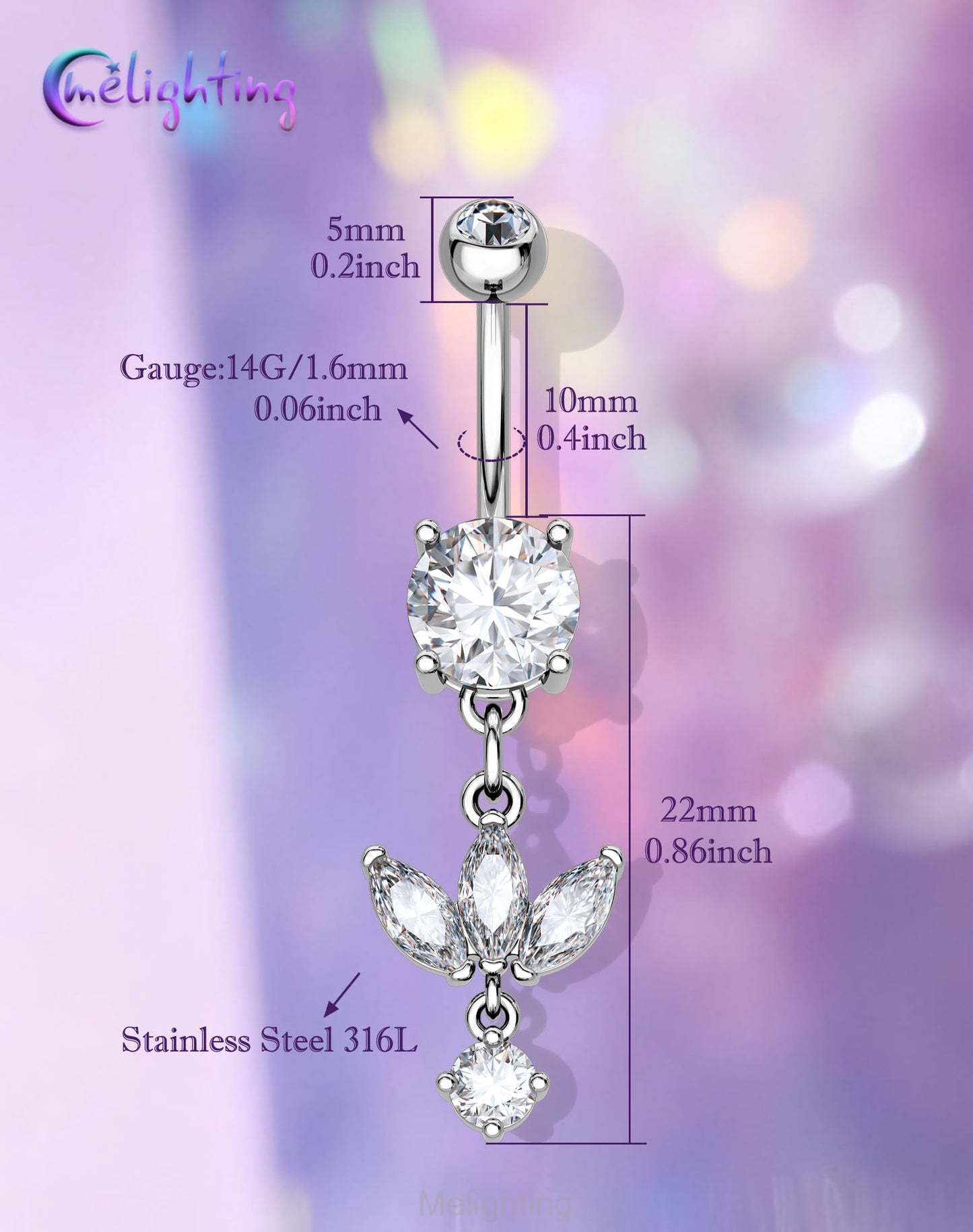 Melighting Minimalist Lotus Belly Button Ring 14G 10mm Navel Ring with Three Marquise CZ Petals and Dangling Round Zircon, 316L Stainless Steel Belly Piercing Jewelry in Silver