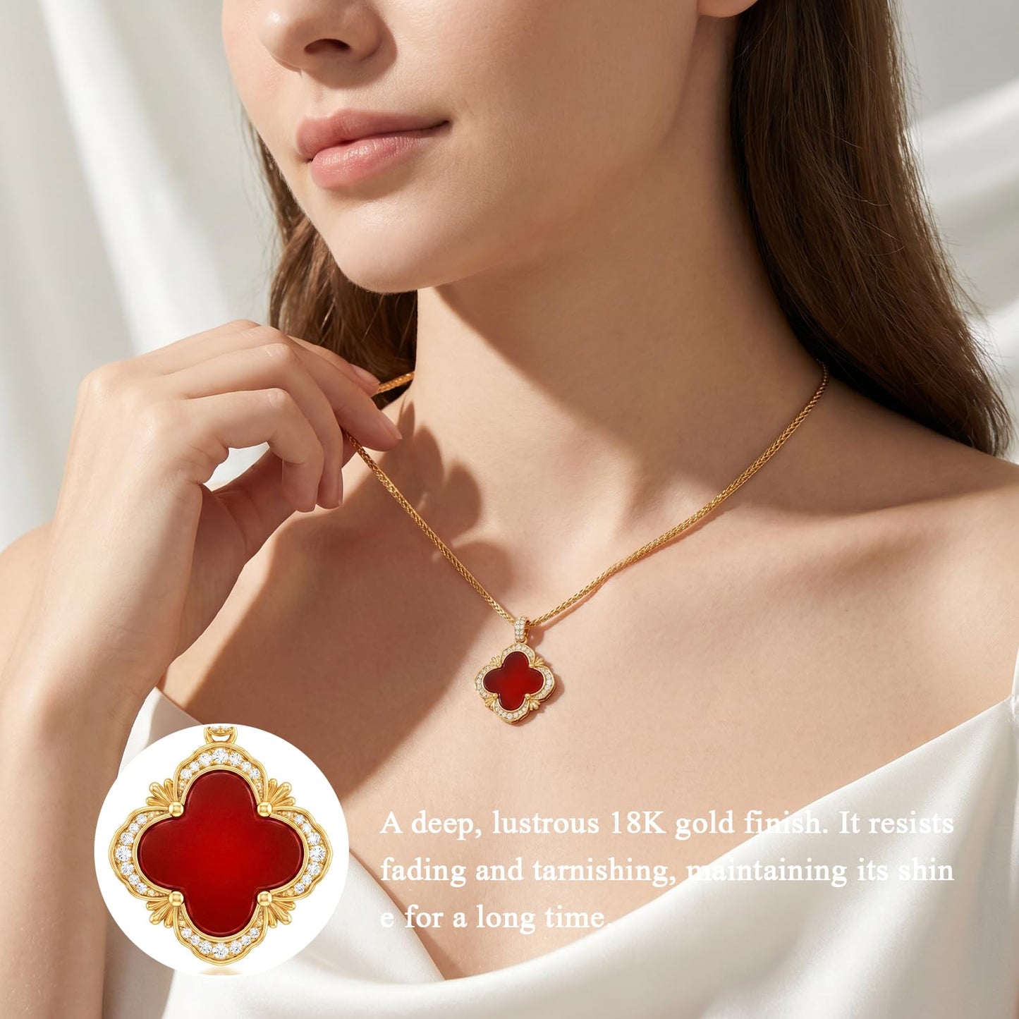 Tessalyn Four Leaf Clover Necklace for Women Gold Plated Lucky Red Agate Pendant with Sparkling Zirconia Elegant Jewelry for Daily Wear and Parties Gift Box Included