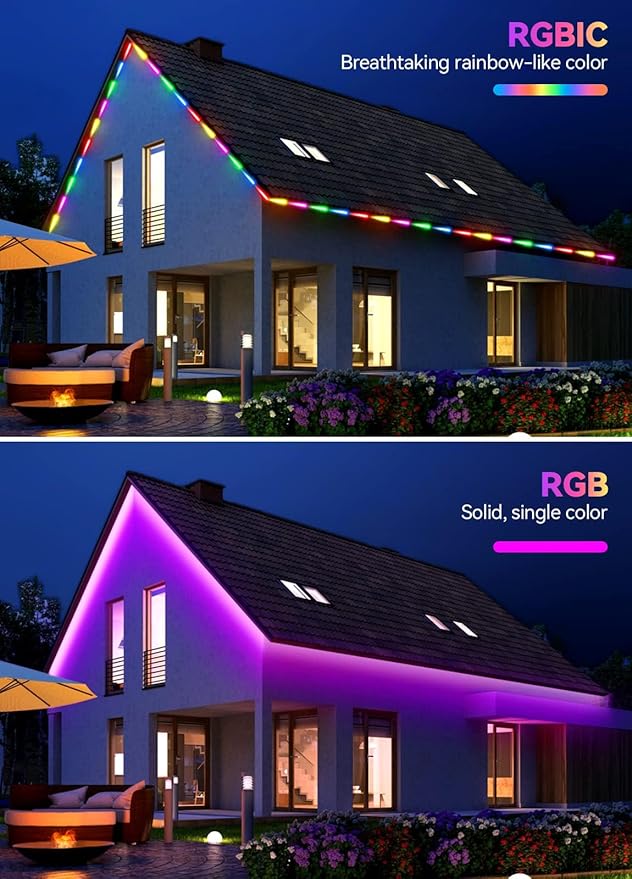 53FT Continuous RGB+IC Outdoor Led Strip Lights Waterproof with RF Remote & Bluetooth Music Sync App Control, Long Color Changing LED Rope Lights,IP67,24V (RGB+IC, 53FT)