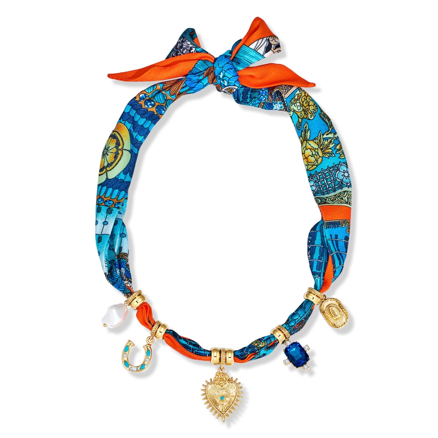 FAUTHENTICUTE Boho Scarf Necklace with Multi Heart Horseshoe Pearl Rhinestone Charms Summer Beach Statement Necklace for Women