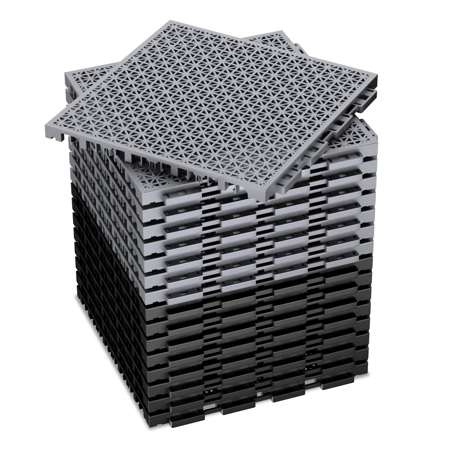 16 PCS Modular Interlocking Cushion Interlocking Floor Tiles with Hole Drainage Mat 10" x 10" Non Slip Pool Deck Mat Outdoor for Drain Deck Pool Patio Shower Kitchen Balcony (Black&Grey)