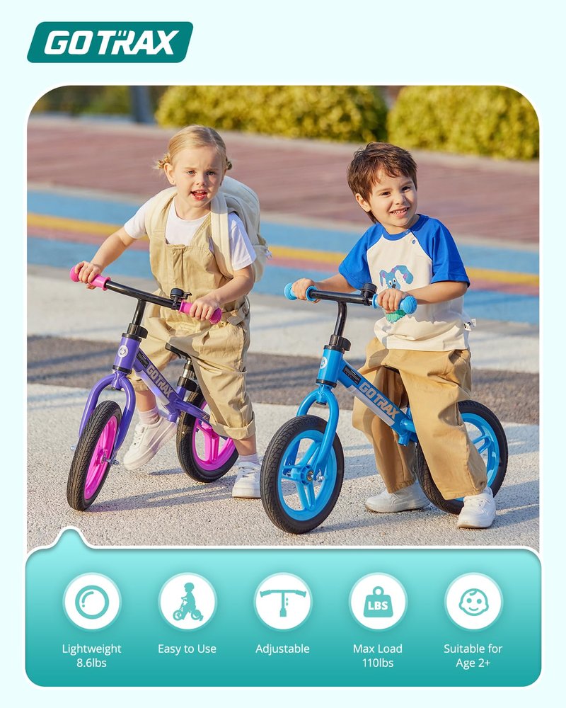 Gotrax KS12 Balance Bike, 12" Toddlers Push Bike with LED Light, Adjustable Seat & Handlebar, Flat-Free Tires & Easy Assembly Kids Bicycle, Lightweight & No Pedal, Gift for Boys Girls, Purple