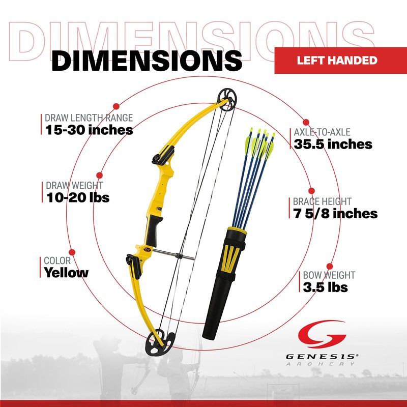 Genesis Original Compound Bow & Arrow Kit- Adjustable Riser, 15"-30" Draw Length, 10-20 lb Draw Weight, All Skill Levels, Draw Hand - Left, Yellow