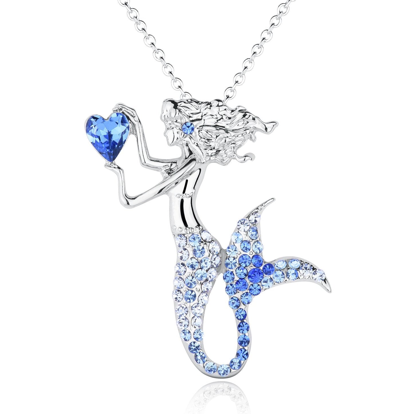 luomart Fashion Mermaid Birthstone Necklace Jewelry White Gold Plated Austrian Crystal Magic Pendant Gift (Blue)