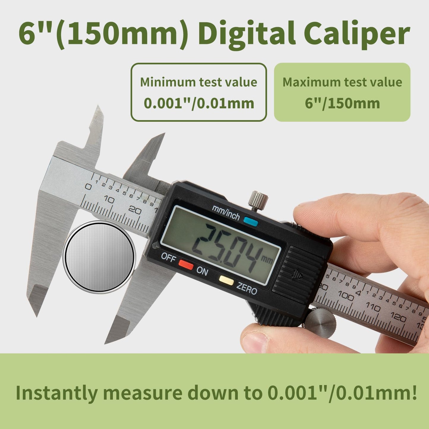 SCITOOLS Digital Caliper 0-6" Measuring Tool with Metal Ruler, Micrometer Caliper with Auto-Off Feature, Interchangeable Between inches and millimeters for DIY/Household and 3D Printing, Black