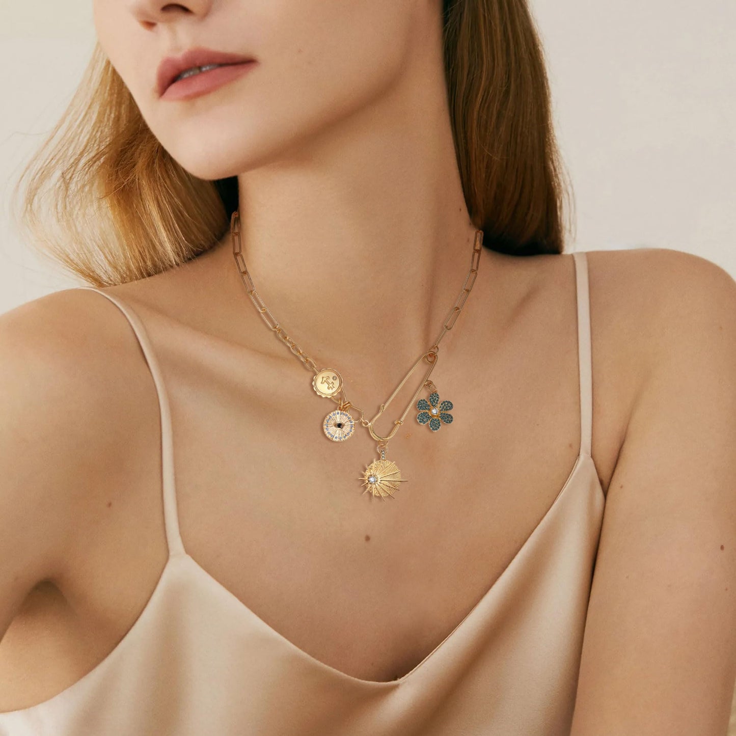BONJOULRY Charm Necklace for Women Gold Sun Flower Evil Eye Good Luck Pendent Necklace Chunky Paperclip Third Eye Amulet Necklace for Women Flower