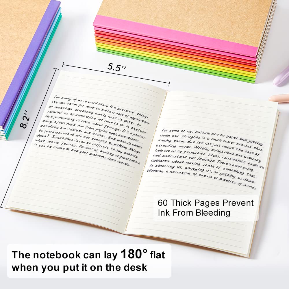 feela 80 Pack Composition Notebooks Bulk, Kraft Cover Lined Blank College Ruled Composition Travel Journals with Rainbow Spines For Women Students Business, 60 Pages, 8.3”x 5.5”, A5, 8 Colors