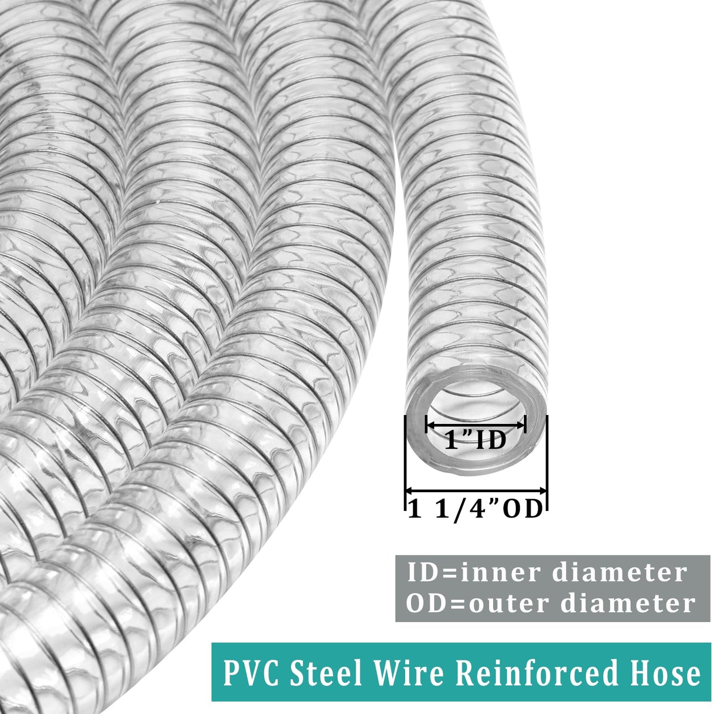 ZY-hosetube Wire Reinforced Hose 1" id - 25ft Clear Heavy Duty Suction Line Plastic Flexible Vinyl Tubing with Spiral Steel Wire, Drain Water Fuel Powder for Boat Marine Bilge Pump, with 2 clamps
