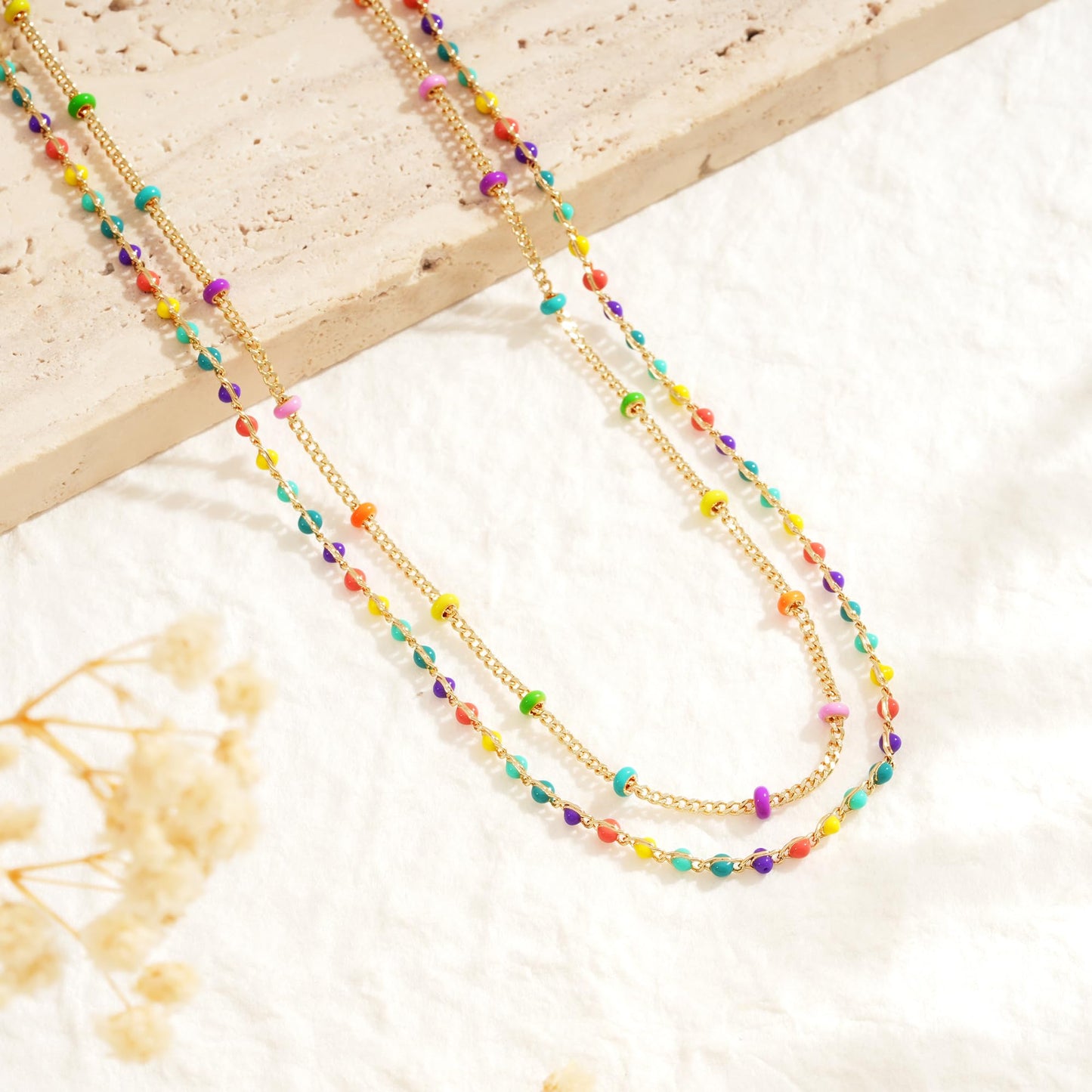 MTMY Beaded Necklaces for Women 14K Gold Plated Dainty Colorful Green/Rose Beaded Pearl Choker Necklace Delicate Boho Choker Necklace Jewelry Gift (Layer-colorful beads)