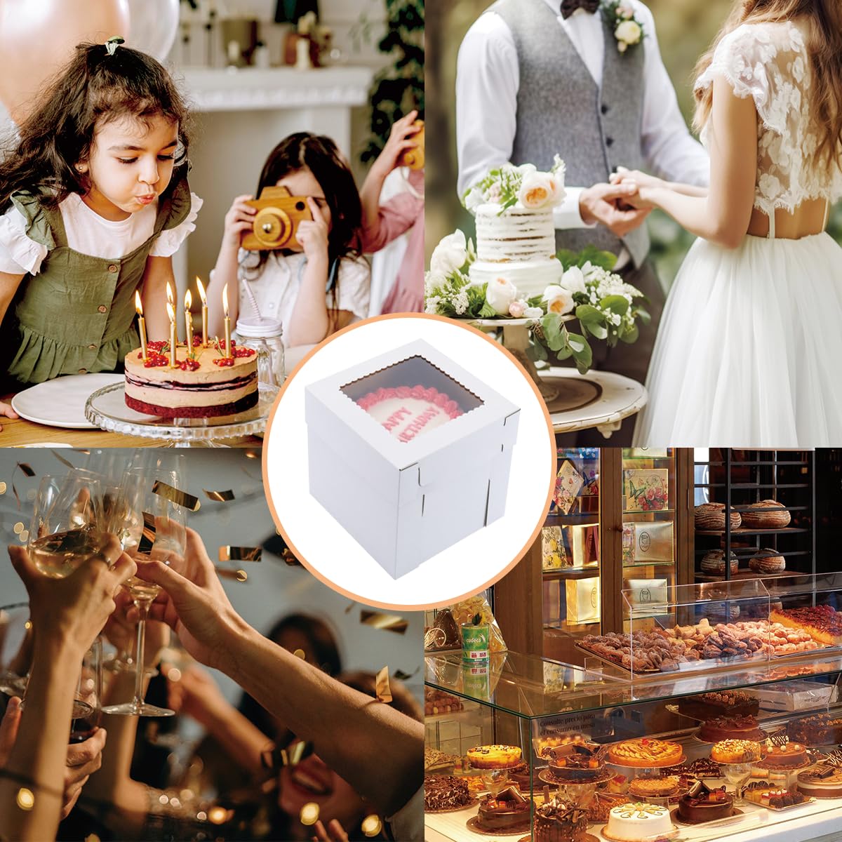 Huoshange Tall Cake Boxes for Tier Cakes,8X8X10 Inch [4Pack ] Thick Sturdy Cake Box with Window,White Cake Carrier, Disposable Cake Containers