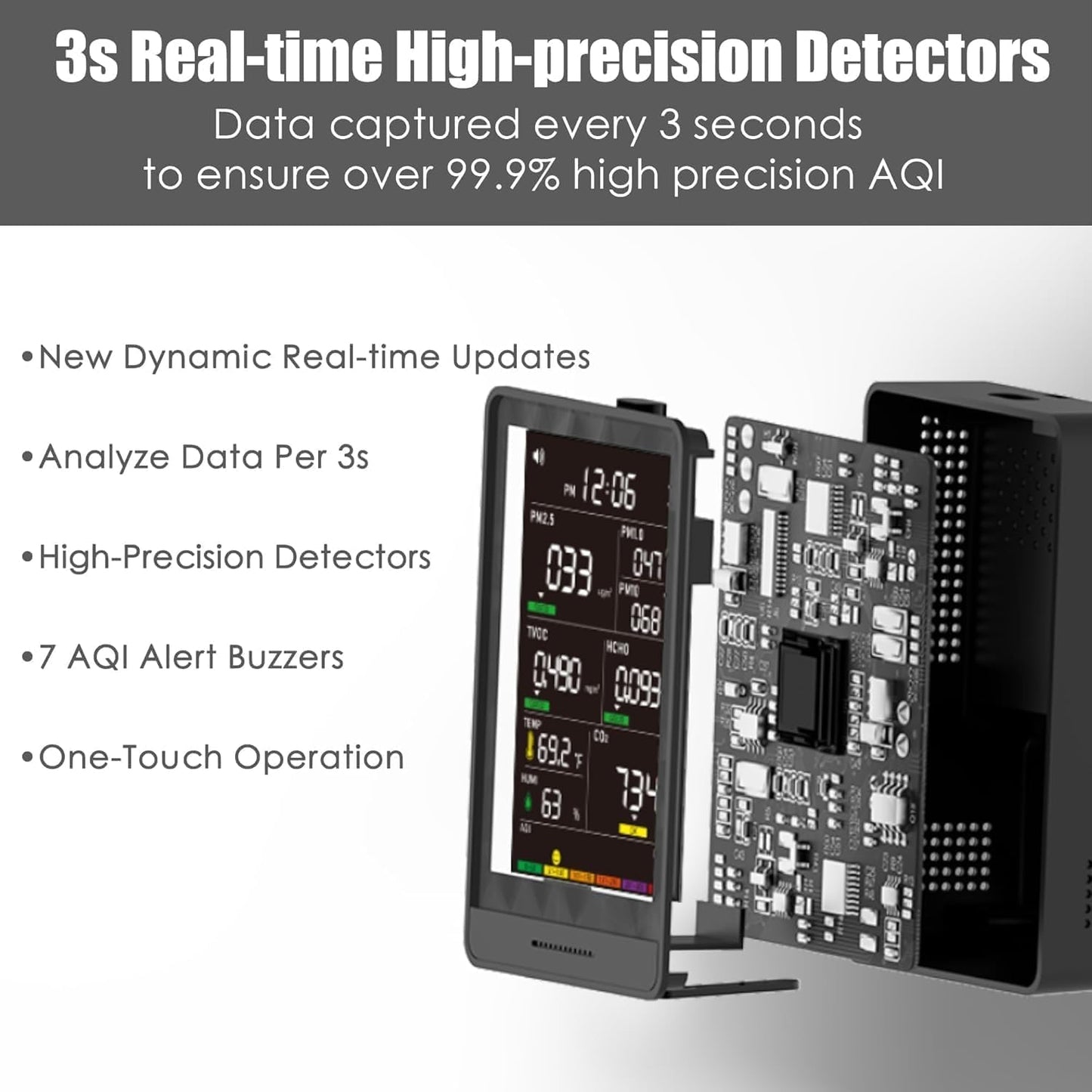 Professional Indoor Air Quality Monitor with AQI Alerts, Portable Real-Time Detector for Home, Car, Plants & Pet