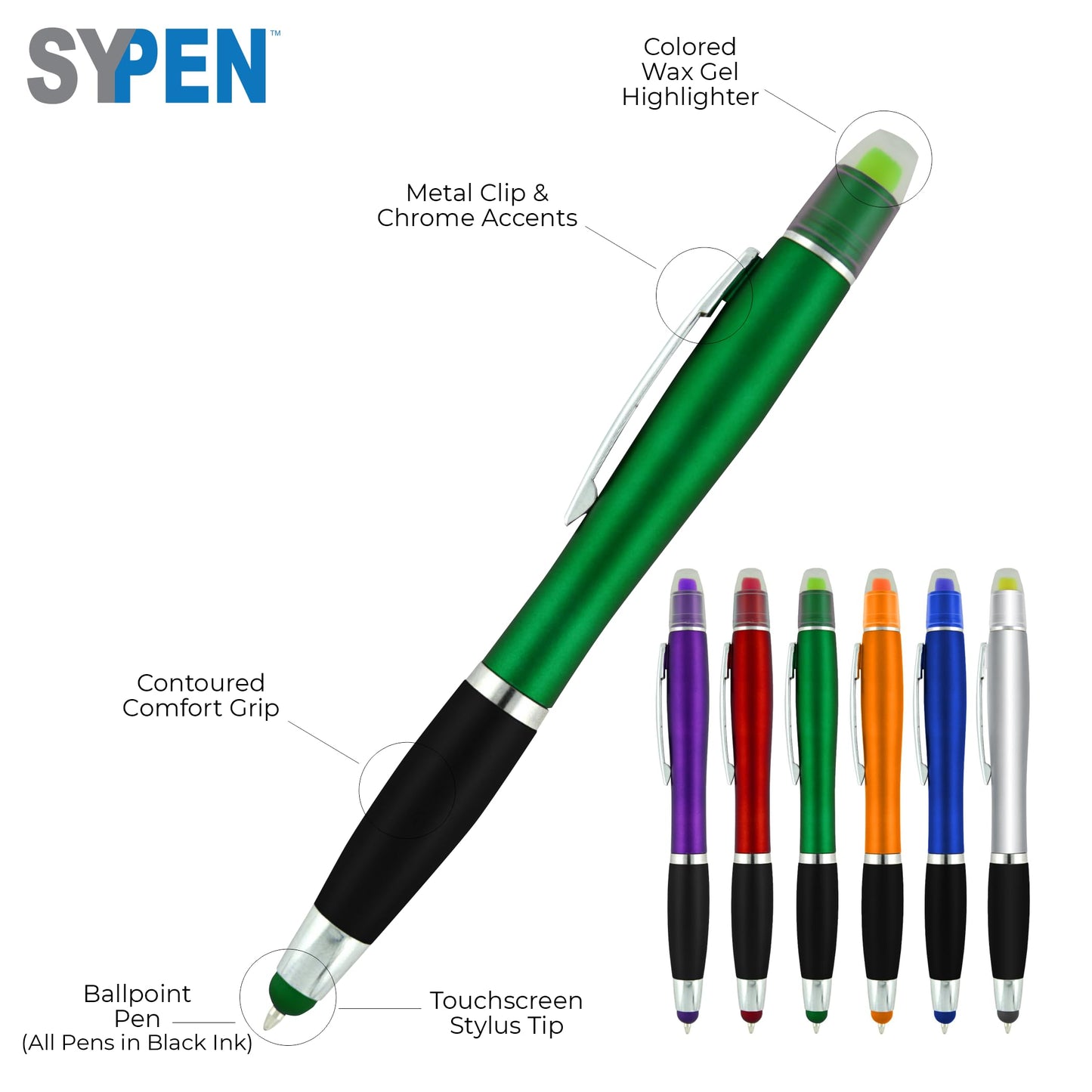 SyPen Personalized Pens with Gel Highlighter and Stylus -200 Pack Bulk-Free Imprint - 3 In Bible Highlighter No Bleed, Ballpoint Pen, and Stylus Combo- add Custom Name, Logo or Gift Message- Silver