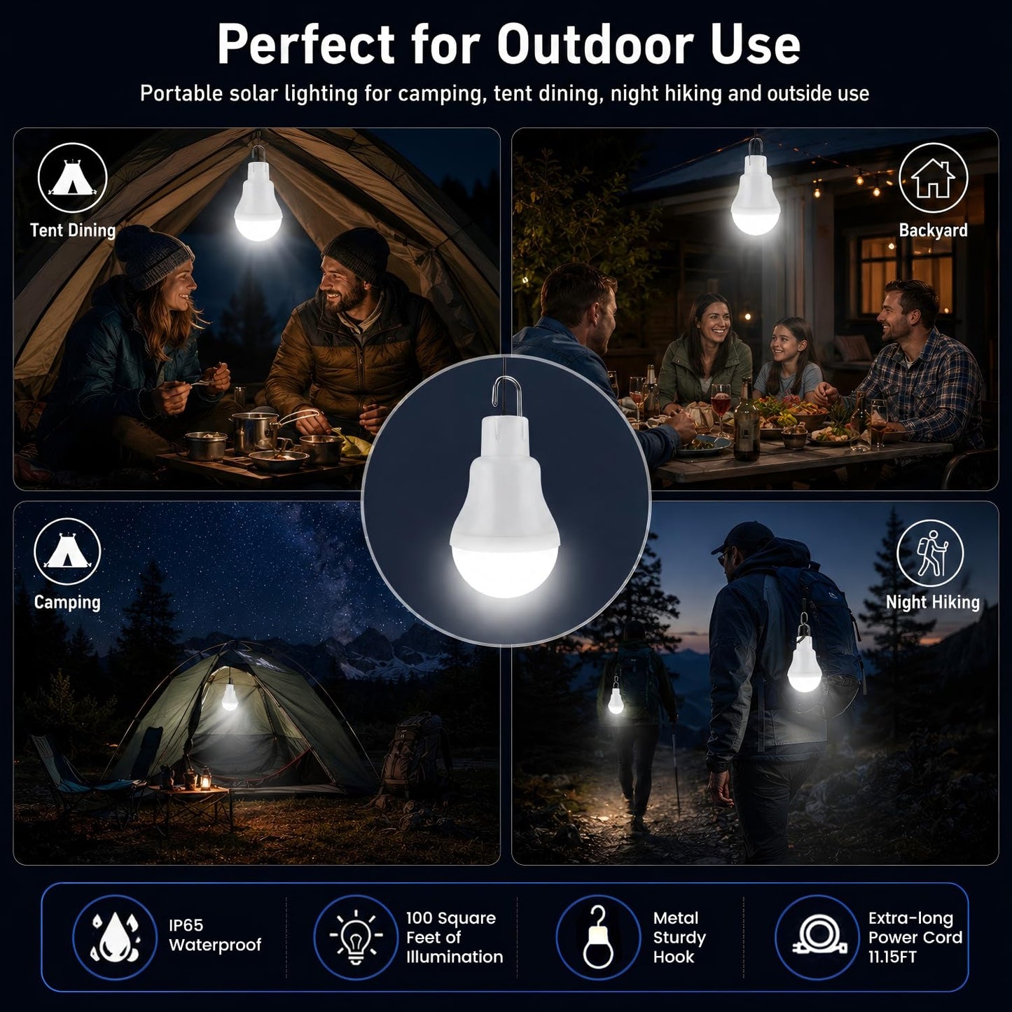 Solar Light Bulbs for Indoor Home and Chicken Coop, Outdoor Waterproof Camping Lamps for Tent, Rechargeable LED Solar Lights for Shed Night, Emergency, 2-Pack