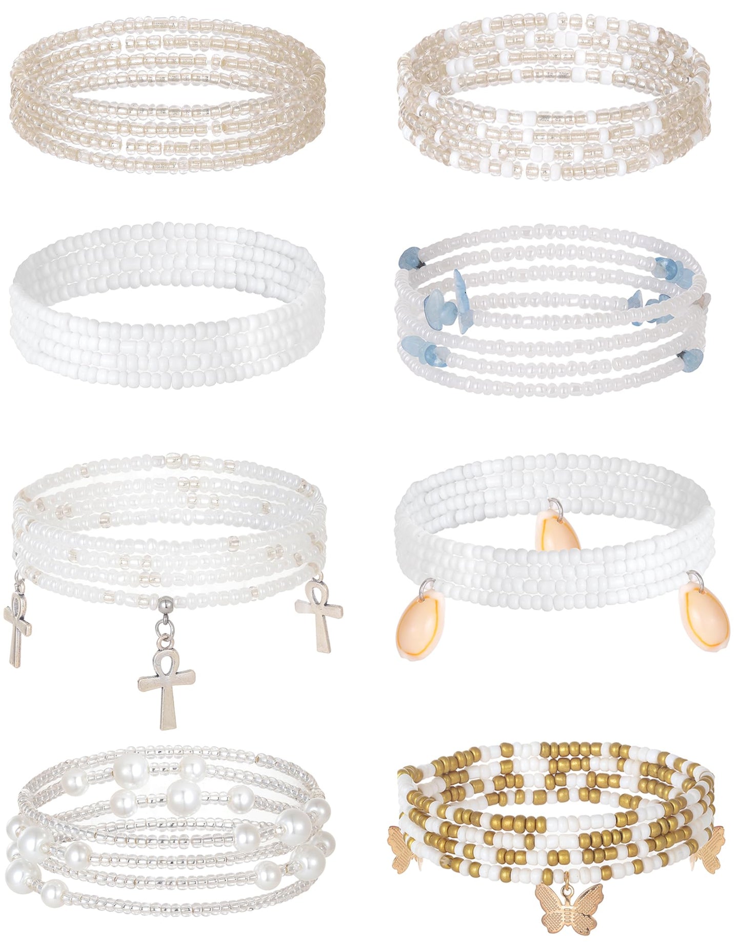 Tornito 8Pcs 31.5 Inches African Waist Bead Chain Elastic Belly Beads Butterfly Shell Layered Body Chain Colorful Jewelry Accessories for Women (C:8Pcs(White))