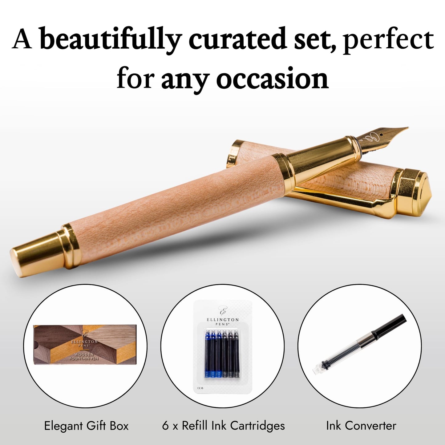 Ellington Pens Luxury Wood Fountain Pen Set – Medium Nib - Includes 6 Ink Cartridges, Wooden Pen Gift Box, Ink Converter - Wood Pen For Writing, Calligraphy, Journaling, Drawing (Maple Harmony)