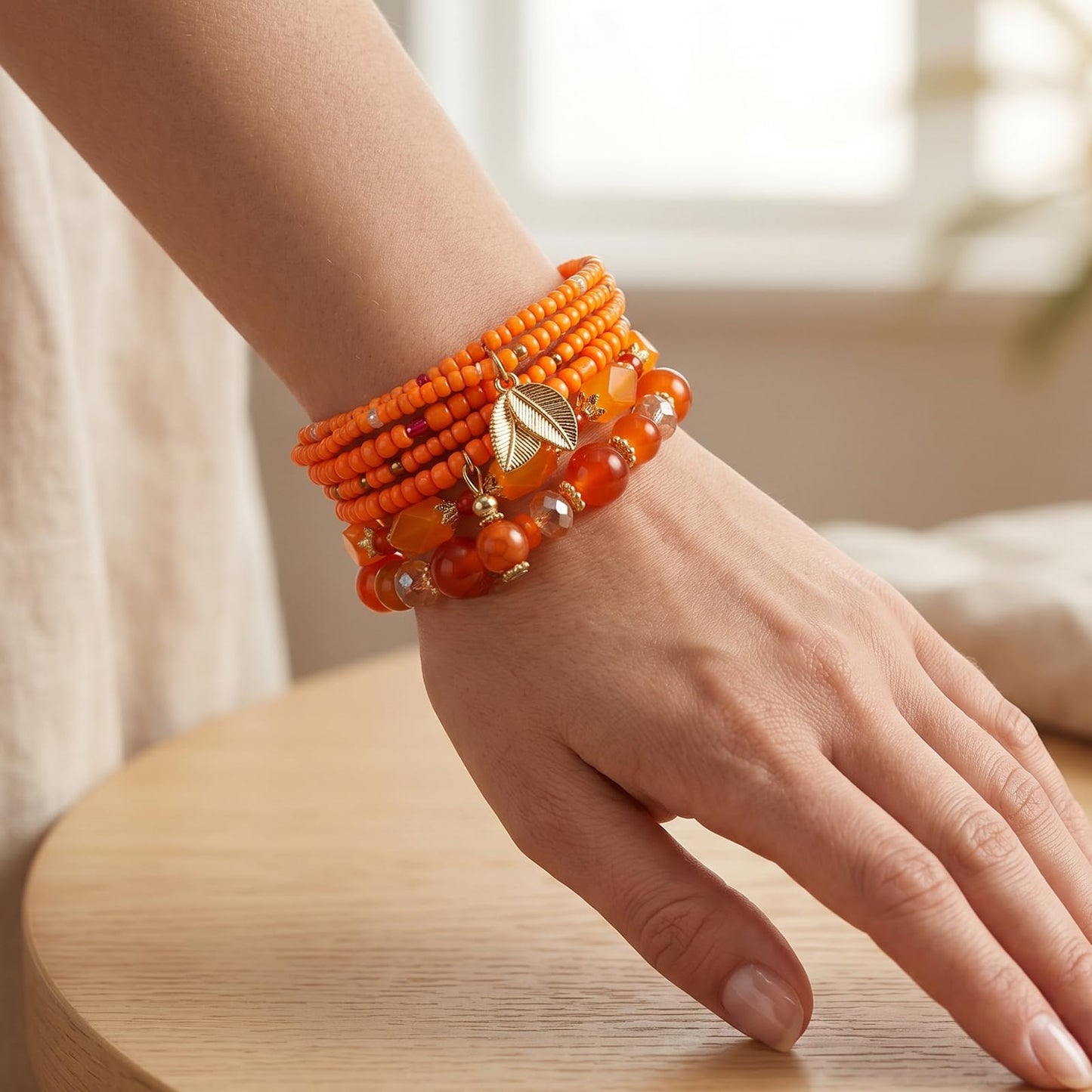 Briutn Bohemian Orange Stackable Beaded Bracelet Set for Women Stretch Bead Bracelets Orange Jewelry Summer Beach Accessories